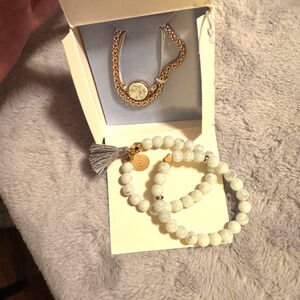 Amelia Rue Cora Bracelet Set 4 pc layering beaded & gold tone w/ charm New